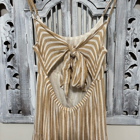 Elan Tan White Sassy Stripe Linen Blend Spaghetti Strap Back Tie Maxi Dress NWT - Picture 12 of 14
